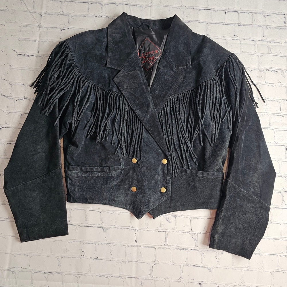 Leather Zone Vintage‎ Black Leather Fringe Jacket Cropped Double Breasted Medium
